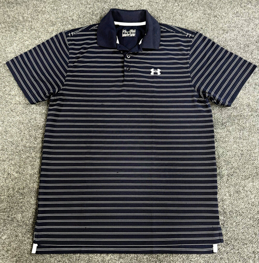 Under Armour Mens S Polo Shirt Loose Fit HeatGear Navy Blue White Stripe Golf
